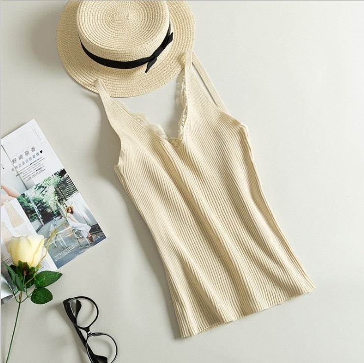 Women Hook Flower Lace Tank solid Stitching V-neck Camis Female Knitted Short Slim Sleeveless Shirt Tank Casual Tops