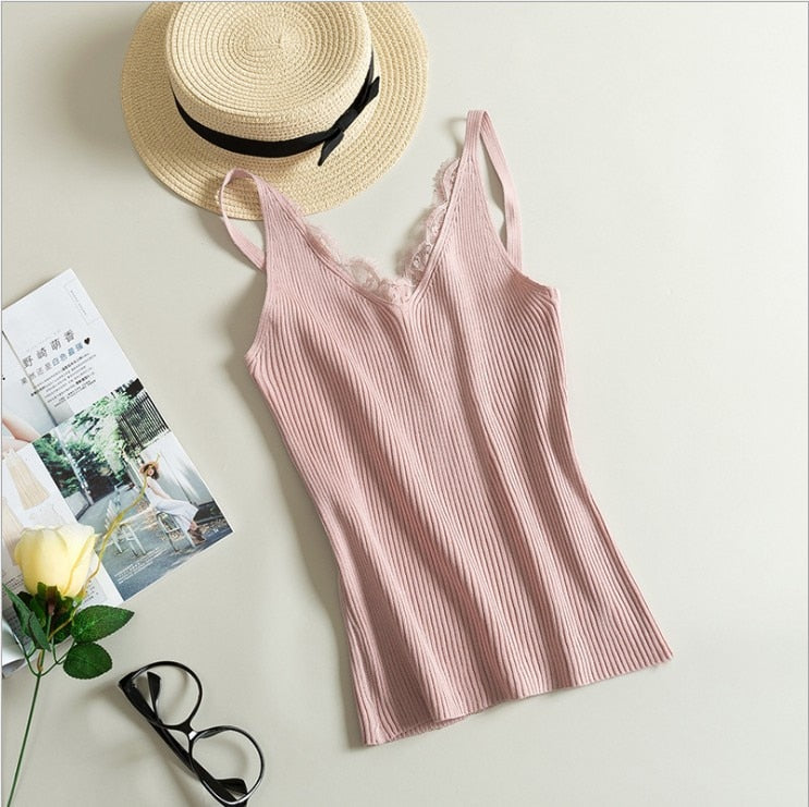 Women Hook Flower Lace Tank solid Stitching V-neck Camis Female Knitted Short Slim Sleeveless Shirt Tank Casual Tops