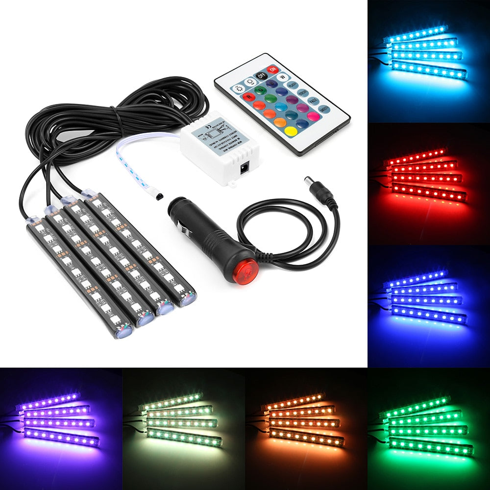 4pcs Car RGB LED Strip Light LED Strip Lights Colors Car Styling Decorative Atmosphere Lamps Car Interior Light With Remote