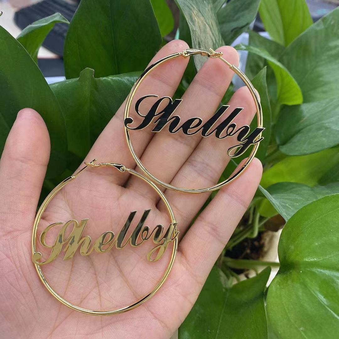 1 Pair Custom Name Hoop Earring Personalise Big Nameplate Stainless Steel Handmade Jewelry For Women Girl Round Circle Oorbellen